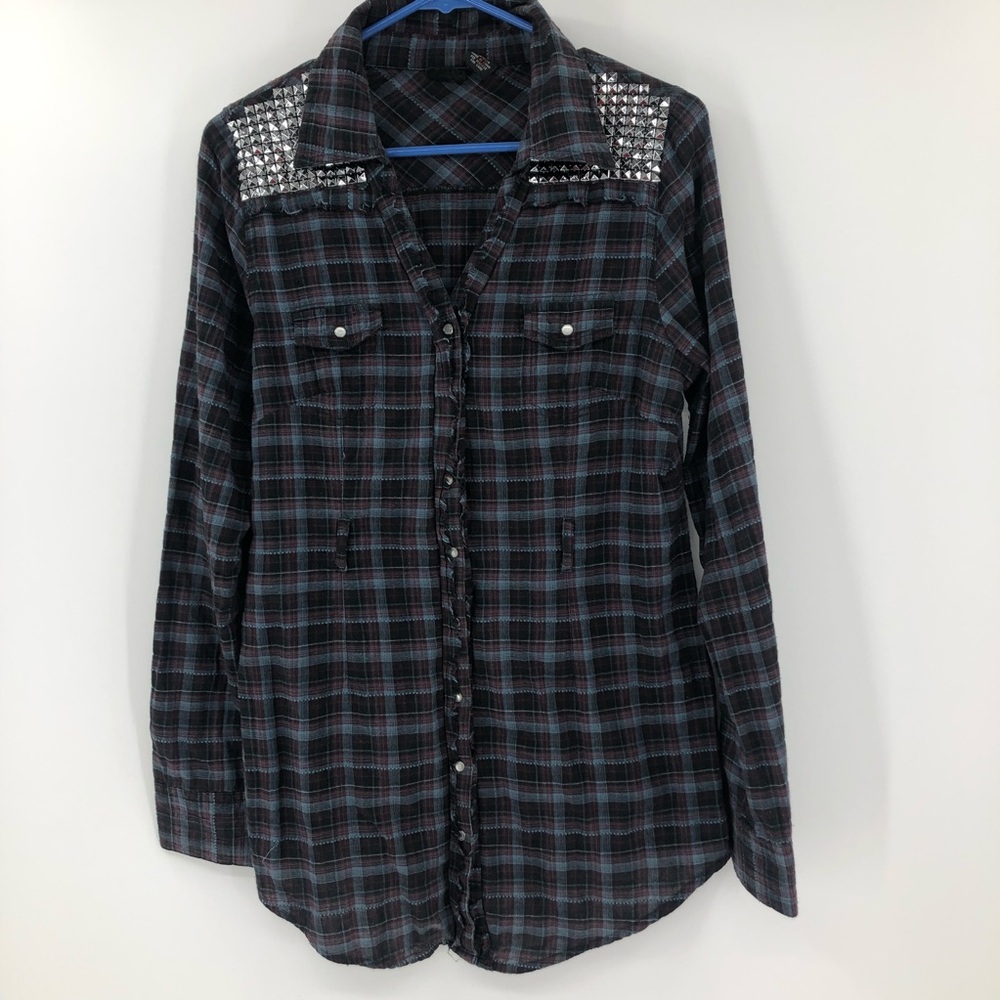 Daytrip Shirt Large Plaid Checkered Vneck Pearl Snap Stud Western Blue Brown